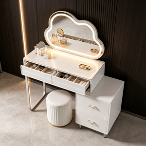Modern Makeup Vanity <b>With</b> Lighted Cloud Mirror And Storage <b>Drawers</b> Bedroom <b>Dressing</b> <b>Table</b> <b>With</b> Stool - Product Image 6