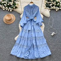 Robe longue décontractée élégante pour femme, jaune, avec empiècements en dentelle, coupe trapèze, manches longues, col montant, ceinture et boutonnage, pour le quotidien