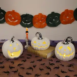 Ornamentos de abóbora com iluminação LED de cerâmica personalizada, luzes LED moldadas para decoração de interiores de casa de Halloween