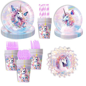 طقم أدوات مائدة ورقية للاستعمال مرة واحدة بتصميم يونيكورن وفراشة مخصص لحفلات استقبال المولود وأعياد ميلاد الأطفال، أطباق وأكواب ورقية - Product Image 4