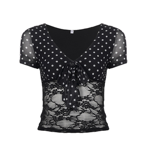 Y2K Polka Dot Color Block Summer T-Shirt Women V-Neck Sheer Lace <b>Patchwork</b> Short Sleeve Slim Fit Bowknot <b>Top</b> - Product Image 6
