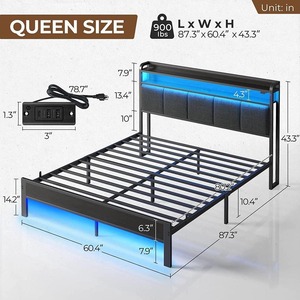 Cross-border hot-selling American industrial style steel and wood structure <b>double</b> <b>bed</b> with <b>storage</b> space and sensor light - Product Image 2