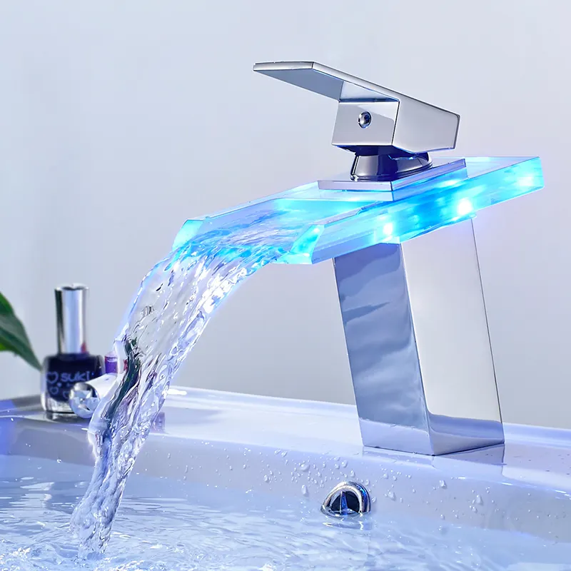 Torneira de bacia de led, temperatura da coloração muda de cor banheiro misturador torneira de cachoeira quente e fria