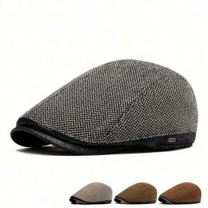 Casquette Peaky Caps en cuir PU style britannique, motif chevrons, en tweed, pour l'automne et l'hiver, chapeau béret chaud, style Ivy - Product Image 1