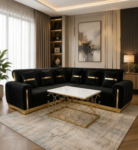 Elegant Contemporary Black Velvet Corner <b>Sofa</b> with <b>Gold</b> Trim Plush Cushions Spacious Seating for Luxury Home Interior - Product Image 4