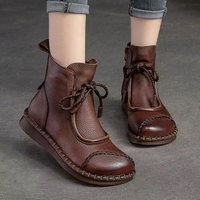 Bottines à talon plat confortables pour femmes, style coréen vintage, cousues à la main, en similicuir souple, avec fermeture éclair latérale, nœud en corde tressée, 1-3 cm