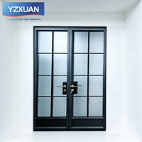 Puerta Doble de Entrada de Estilo Francés Moderno y Lujoso, Marco Estrecho Negro, Rejilla de Aluminio, Vidrio Retro, Aislamiento Térmico, para Exteriores de Viviendas