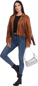 Blazer Corto da Donna in Finta Pelle Scamosciata Vegana S-XXL con Frange, Giacca Invernale in Maglia Effetto Pelle, Modello Tinta Unita, Stile Motociclista - Product Image 2