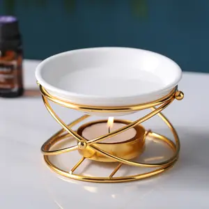 Gold Metal Ceramic Fragrance Oil Incense Burner Aromatherapy Stove for Home Decoration Wax Melt Burner With Candle Holder