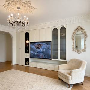 Meuble <span class=keywords><strong>TV</strong></span> mural intelligent de luxe, design moderne personnalisé <span class=keywords><strong>avec</strong></span> <span class=keywords><strong>niche</strong></span> cintrée et étagères en verre pour salon - Product Image 5