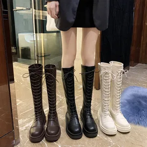 New Autumn Schnür-Canvas-Stiefel Damen Schwarzer runder Kopf Knielange dicke Sohlens tiefel British Fashion Walking Boots