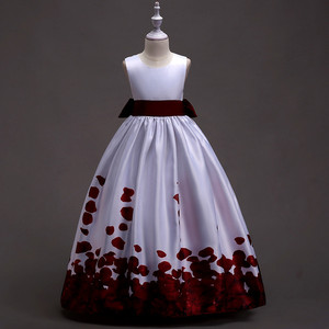 Vestido de gala de satén para niñas con estampado de pétalos rojos, cuello redondo, largo, disfraz de princesa para bodas, para niñas de las flores - Product Image 4