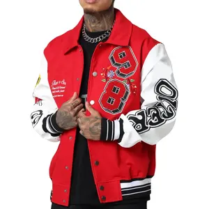 Premium Vente Chaude Laine Manches En Cuir Rouge Blanc Boutonné Hommes Chenille Patches Varsity Veste