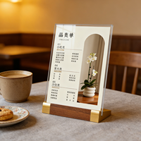 Support de menu transparent en acrylique A4 personnalisé, portable, en forme de T, avec base en bois, pour affichage publicitaire