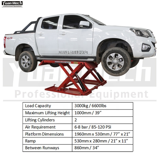 YuanMech L7100 Portable 3 Ton Scissor Car Lift Automotive Low Midrise Low Profile 1100mm for Vehicle Maintenance
