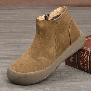 Bottines à bout rond en cuir véritable, talon plat, doublure en coton, semelle extérieure en caoutchouc, confort rétro, chaussures pour femmes - Product Image 1