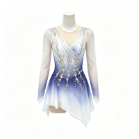 Robe de patinage et de danse pour enfants et adultes, dégradé bleu et blanc, maille transparente, manches longues, garniture en strass dorés, pour compétition et spectacle de patinage sur glace