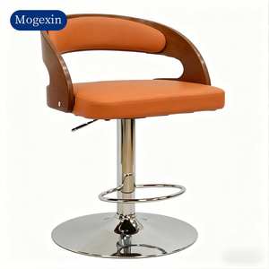 Taburete de Bar de Madera Curvada Estilo Mid-Century, Altura Ajustable, Asiento Giratorio de Cuero PU con Base Cromada para Isla de Cocina - Product Image 6