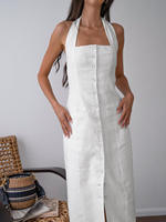 Robe décontractée blanche en coton pour femme, coupe droite, avec logo personnalisé, style vintage chic, sexy, à lacets et boutons, idéale pour les vacances