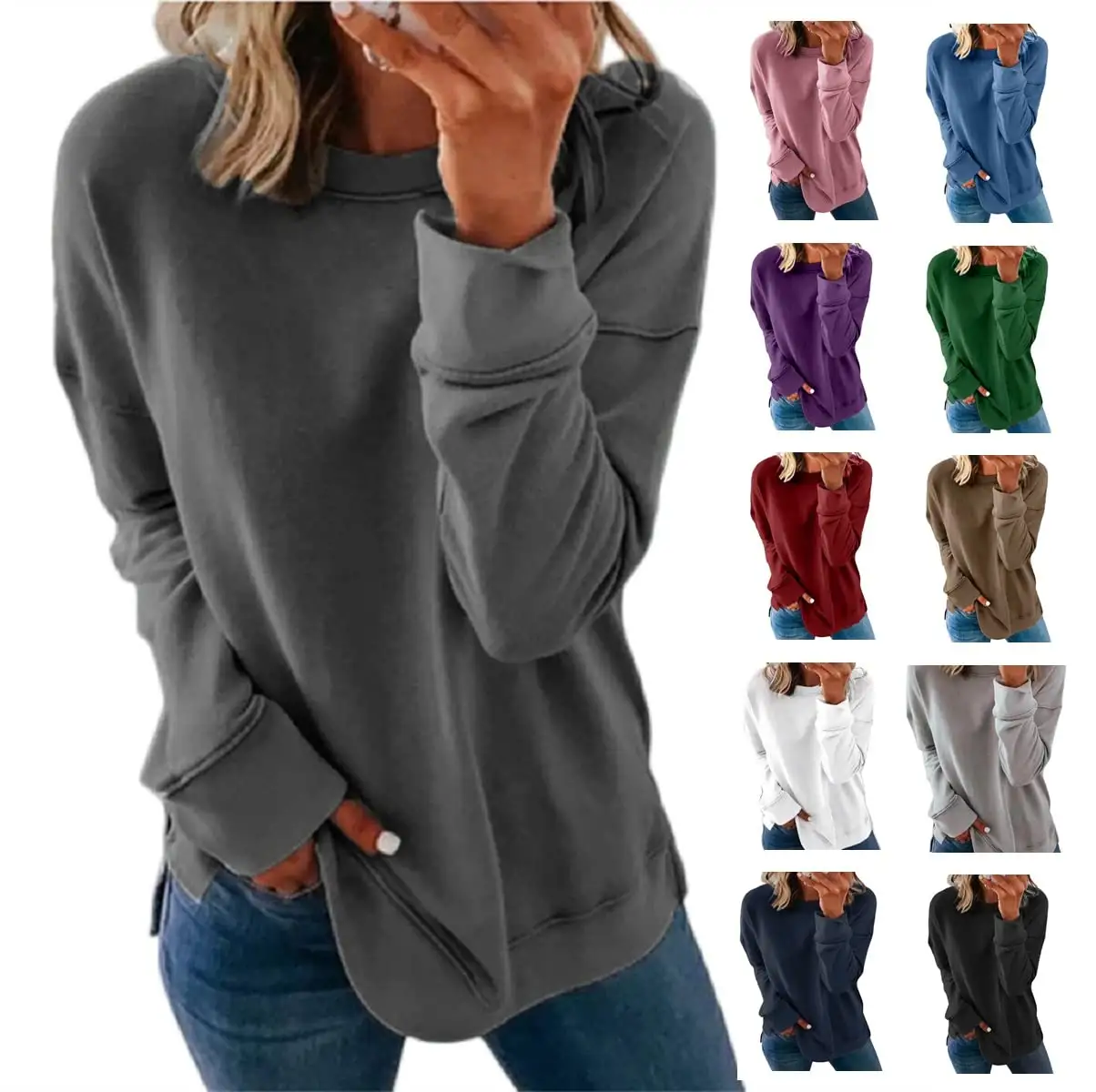 Women Fashion Thin Pullover Solid Loose Long Sleeve Sweatshirts Tops Comfy Casual Customize T Shirt