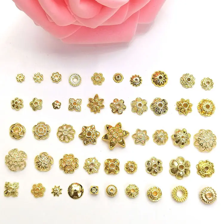 JS0916-Cuentas espaciadoras de joyería de alta calidad, chapado en oro de 18k, tapas de extremo de cuentas de flores de metal