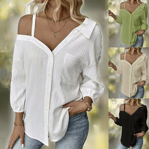 Women Blouses Wholesale Three-Quarter Sleeve Embroidery Casual <b>Off</b>-the-Shoulder Lapel Texture Breathable Eco-Friendly - Product Image 3