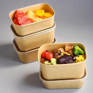Bol à salade en papier kraft rectangulaire jetable écologique et micro-ondable Récipient carré pour plats à emporter Assiettes en papier Bols - Product Image 4