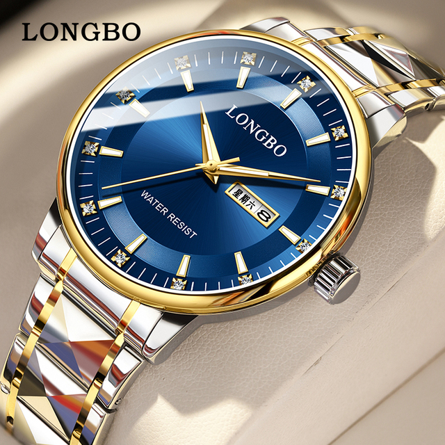 LONGBO 83703 Hot Sale Brand for Men's Wristwatch Luxury Fashion Blue Diamonds Big Dial Golden Stainless Steel Strap Male Watches
