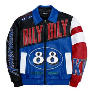 Giacca Varsity in <span class=keywords><strong>Pelle</strong></span> di Pecora Impermeabile con Ricami in Strass per <span class=keywords><strong>Uomo</strong></span>, Giacca Bomber in <span class=keywords><strong>Pelle</strong></span> Personalizzata con Patch Frontali - Product Image 2