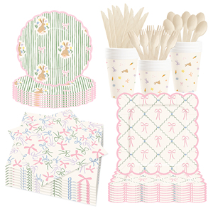 DAMAI Nuevo Juego de Vajilla Desechable Personalizado con Temática Rosa y Verde, Plato de Papel, Servilleta de Papel, Mantel con Lazo para Cumpleaños - Product Image 4