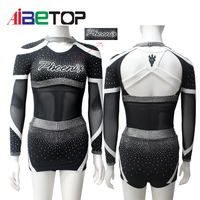 Uniforme de cheerleading de luxe noir et argenté avec strass |   Tenue de performance avec panneau en maille transparente et dos croisé