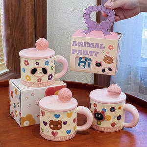 แก้วเซรามิคลายการ์ตูนน่ารัก มีฝาและหูจับ สำหรับสาวๆ ของขวัญสำนักงาน แก้วเดี่ยว ซัมเมอร์ 2025 - Product Image 3