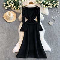Robe décontractée élégante pour femmes, en dentelle, patchwork, épaules dénudées, manches longues évasées, coupe trapèze, tricotée, pour tous les jours