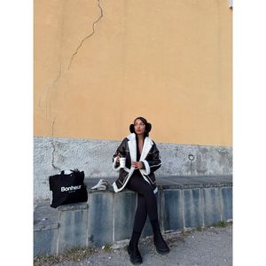 Wholesale Reversible Faux Fur Rabbit Overcoat Long Single-Breasted with Leopard Striped <b>Print</b> Patterns Dyed Leather Coats - Product Image 3