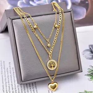 316l Stainless Steel Golden Beans Three-layer Clavicle Chain Diamond Round Tree of Life Pendant High Glossy Small Heart Necklace