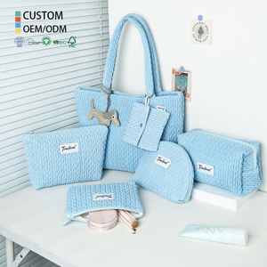 Timeforest Fashion Waterproof Polyester Large Capacity Travel Blue Waffle <b>Makeup</b> Cosmetic Storage Bags <b>Case</b> Set With Custom Logo - Product Image 1