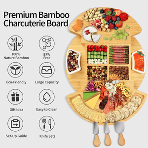 GL Design Unique <span class=keywords><strong>de</strong></span> Plateau Rond Extensible en Bambou pour <span class=keywords><strong>Fromage</strong></span> et <span class=keywords><strong>Charcuterie</strong></span> Avec Deux Bols en Céramique et un Jeu <span class=keywords><strong>de</strong></span> Couteaux - Product Image 2