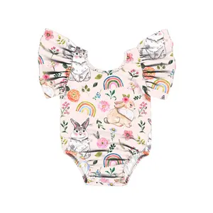 2LLY-126 Bamboo Bunnies Baby Girl Clothes Newborn Infant Clothes Romper Comfy Outfit Baby Jumpsuit Ruffle Sleeves Romper