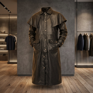 Costume en cuir sur mesure à vendre, manteau long pour homme, écologique, coupe-vent, léger, boutonné devant, vêtement d'extérieur - Product Image 3