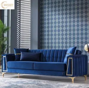 现代意大利设计客厅家具1 2 3座组合皇家蓝色天鹅绒织物沙发套装