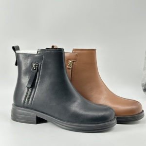 Sepatu bot Chelsea hak rendah wanita, Kasut Ankle ritsleting samping gaya Barat kulit asli PU EVA musim dingin musim gugur - Product Image 2