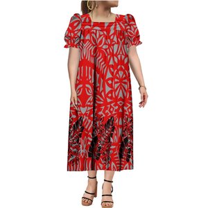 Nouveautés : Robe d'été polynésienne noire à imprimé floral tribal micronésien, style Mumu, col carré, longueur midi, personnalisable - Product Image 1