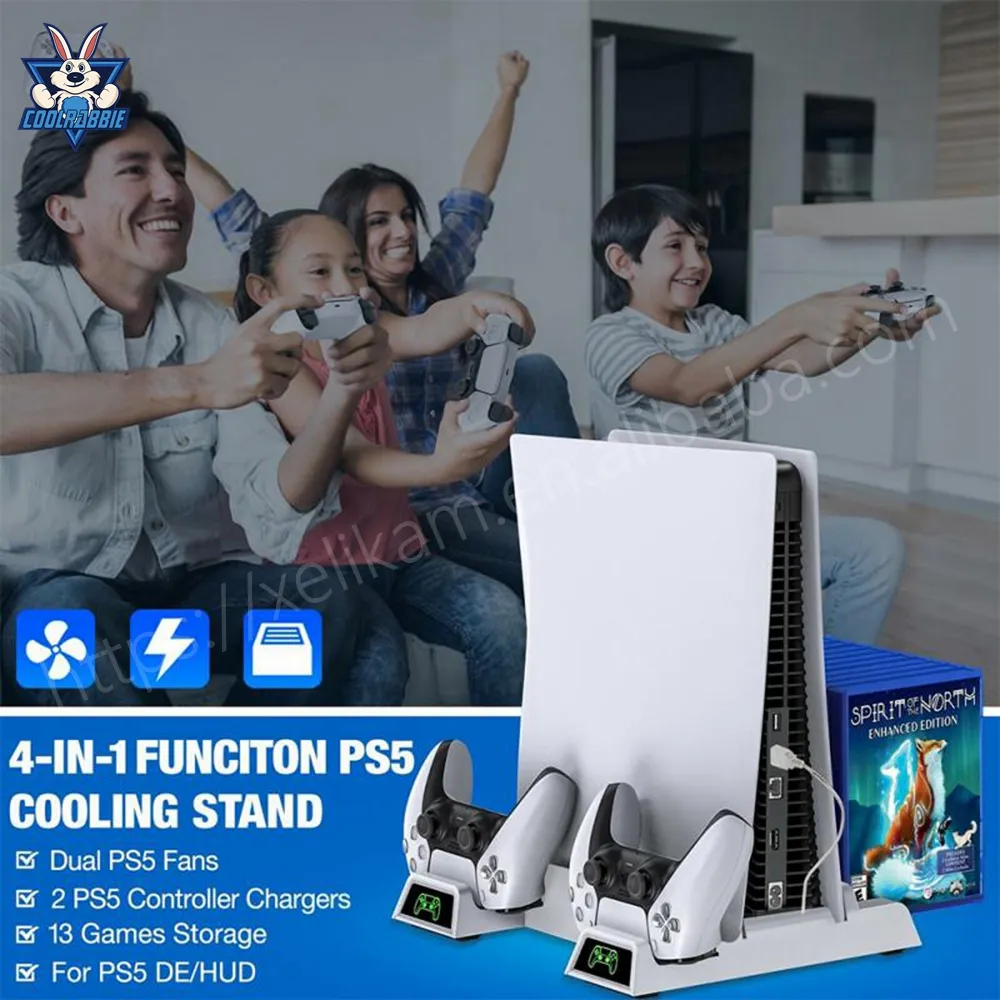 CoolRabbie Cooling Vertical Stand 2 Controller Charger 2 Cooler Fan 13 Game Storage Charging Dock For PS5 DE/UHD Console