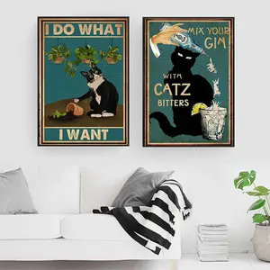 Poster kucing hitam Mental I Do What I inginkan Quote Art Print Vintage Mix Your Gin lucu taman kamar mandi lukisan kanvas