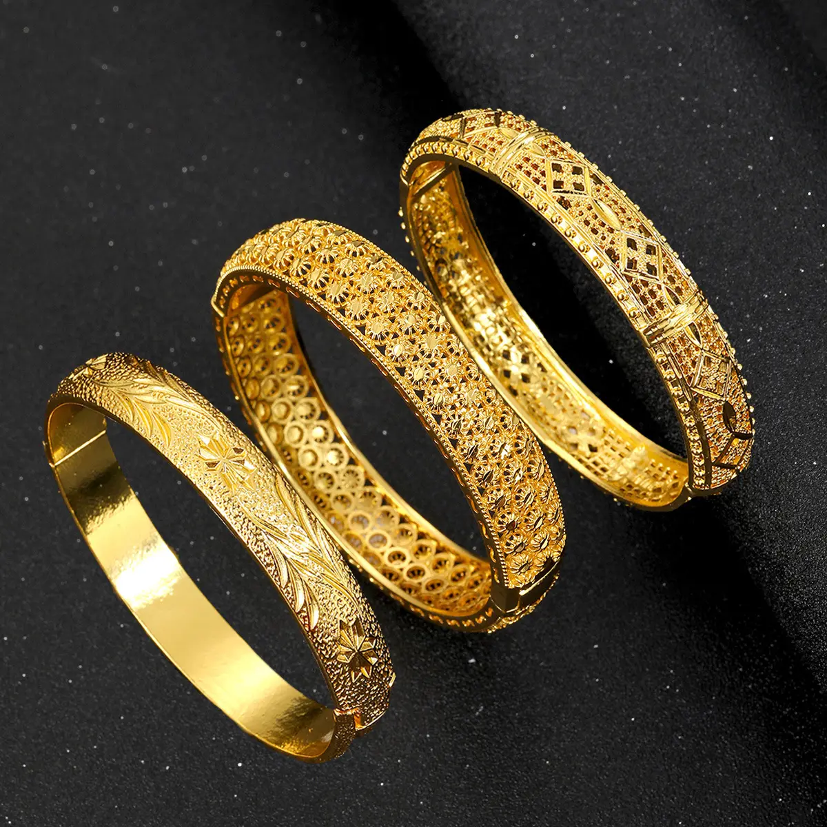 LOTOS JEWELRY 18K gold plated Retro design big cuff bangles for women jewelry vintage Gilt Carving bracelet