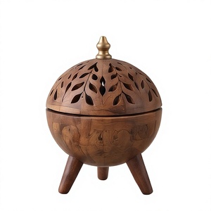 Round Wooden <b>Incense</b> <b>Holder</b> with Lid Carved Leaf Design Aromatherapy Censer Tripod Stand Gift Decor - Product Image 1