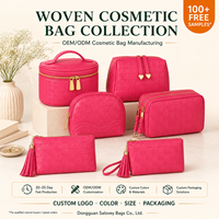 Pochette cosmétique en cuir PU tissé rose vif, sac à maquillage personnalisé avec logo, trousse de toilette de voyage, vente en gros, fabricant OEM
