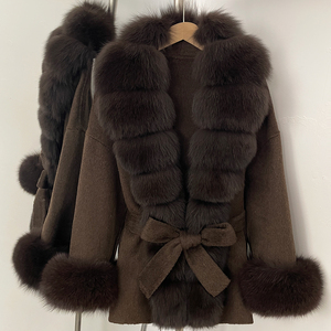 Foftbuy cappotto di lana 100% in <span class=keywords><strong>pelliccia</strong></span> di volpe grande lungo, nuovo abbigliamento autunno inverno, cintura da donna, giacca di lana con collo di <span class=keywords><strong>pelliccia</strong></span> naturale - Product Image 6