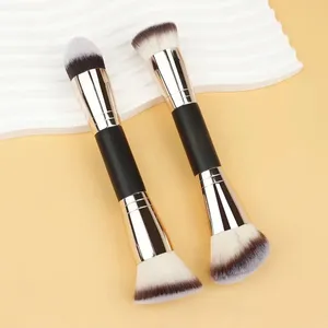 FEIYAN, nuevo producto, brocha de maquillaje de pelo sintético vegano de doble punta, brocha de base con logotipo personalizado en ángulo plano de cabeza plana