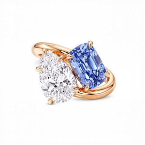 Modern Lab Grown Diamond <b>Ring</b> with Elongated Pear Cut White Stone and <b>Blue</b> Rectangular Cut Gemstone Fine Jewelry for Women - Product Image 1